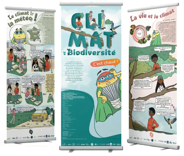 3 panneaux autoportants de l'exposition Climat et Biodiversité